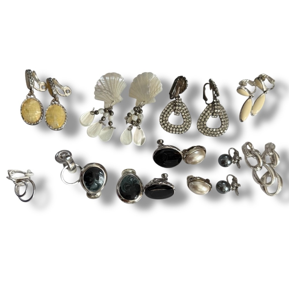 Vintage lot of clip on screw back earrings silver tone Monet TJG shell preppy